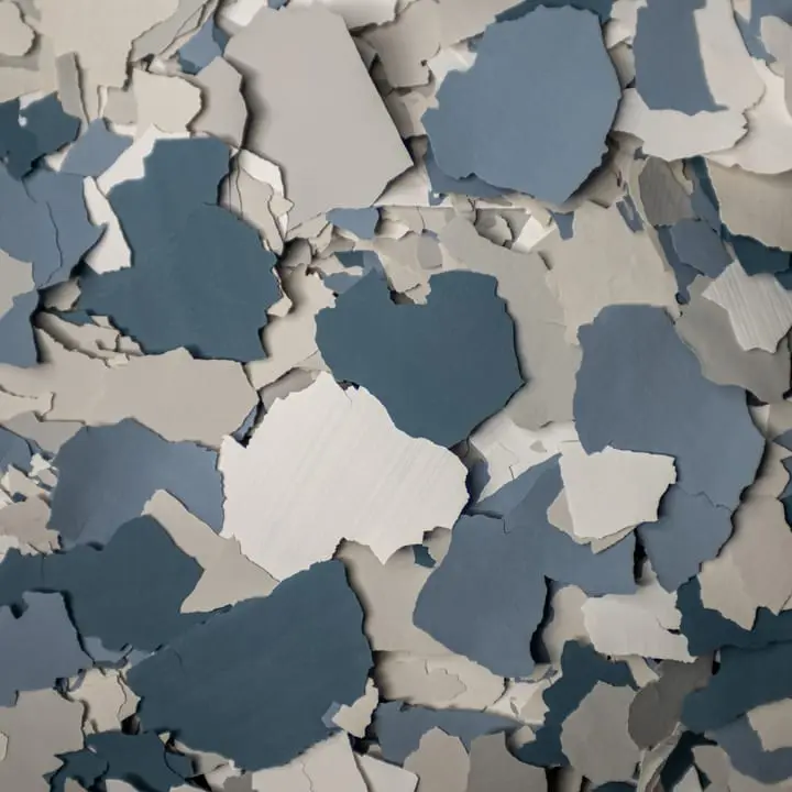 Baby Blue flake blend, pale blue, tan and white one-inch chips