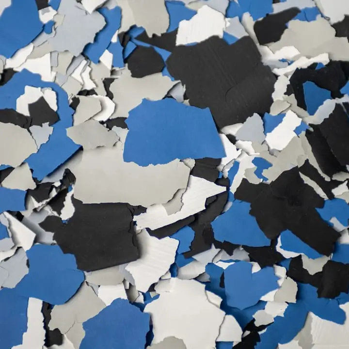 Sky Blue flake blend, bright blue, grey and white one-inch chips