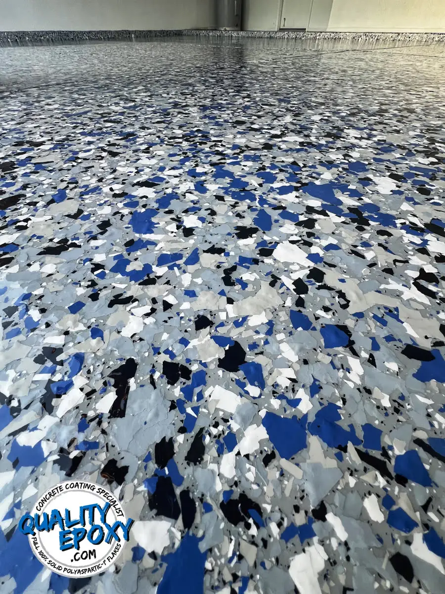 A Sky Blue flake floor, wet with fresh top coat